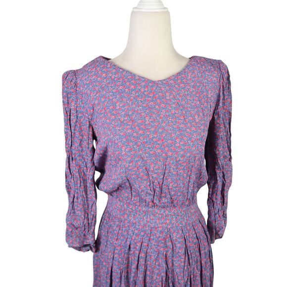 Vintage 80s Karin Stevens Blue and Pink Floral Midi Dress 6 - Picture 2 of 6